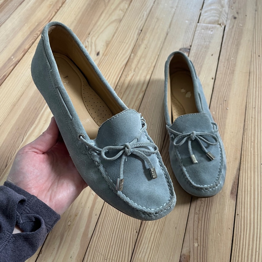 Michael Kors Sutton Suede Moccasins Blue Grey Loafers Silver Hardware MG18C 8M
